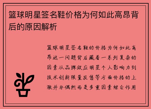 篮球明星签名鞋价格为何如此高昂背后的原因解析
